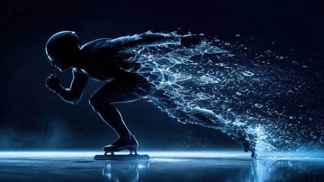 A determined skater gliding across the ice with incredible speed leaving glittering shards in motion.