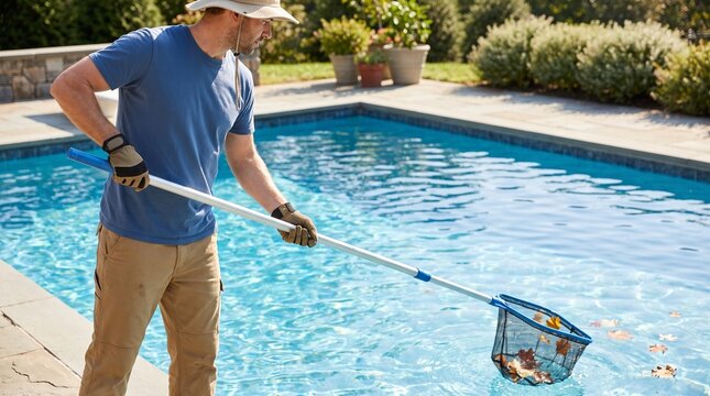 Pool cleaning worker, skimming leaves from residential swimming pool, professional backyard maintenance service for clear water and outdoor property care