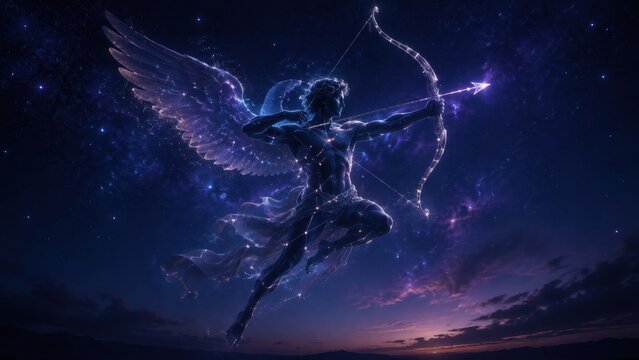 A majestic celestial angel archer flies across the shining stars holding a glowing bow and shooting an arrow.