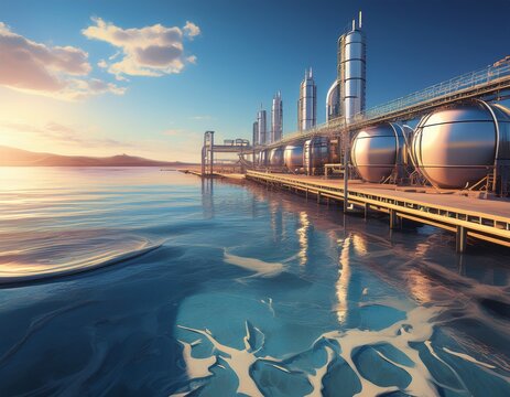 futuristic industrial coastal desalination plant infrastructure