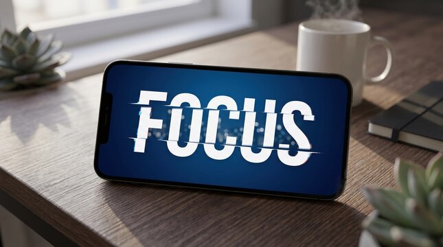 A phone showing focus text on screen resting on a wooden desk beside a coffee cup.