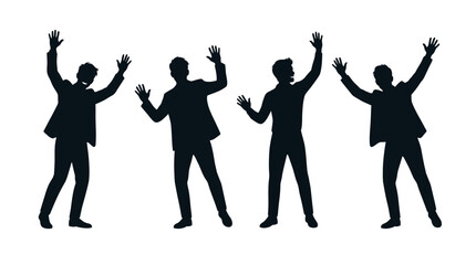 Fototapeta premium Cheerful businessmen silhouettes showing excitement and waving hands in this creative flat style vector design illustration