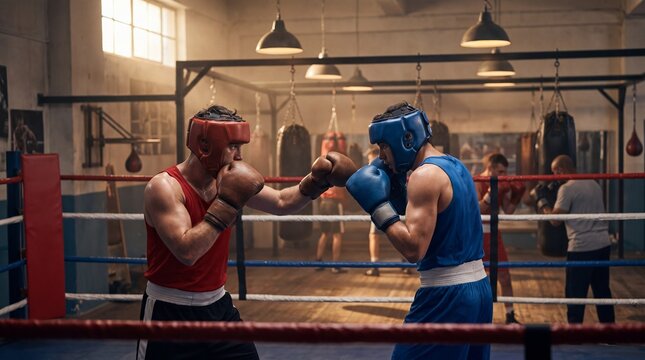 Two boxers sparring in a ring wearing headgear and gloves inside a gym.