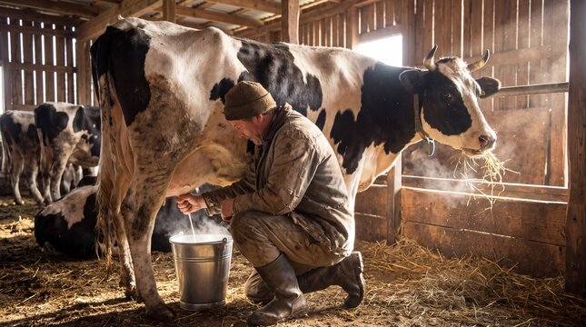 A mature farmer is milking a dairy cow inside a rustic wooden barn using a metal bucket.