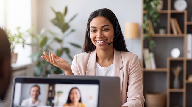 A smiling woman wearing a headset uses a laptop in an office during a video call.