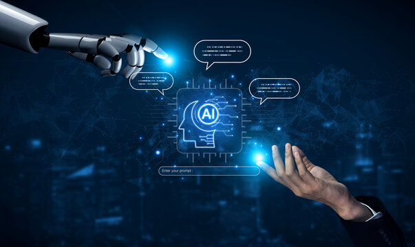 Futuristic concept of AI prompt engineering showing NLP AI neural processor unit converting text commands into intelligent AI responses. LLM, ASR conversational AI chatbot development, and NLP. Corpus