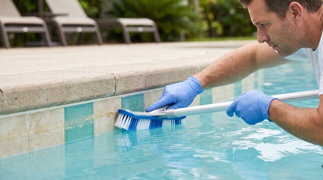 Pool cleaning worker, brushing pool waterline, close residential tile maintenance detail for professional clear swimming pool service