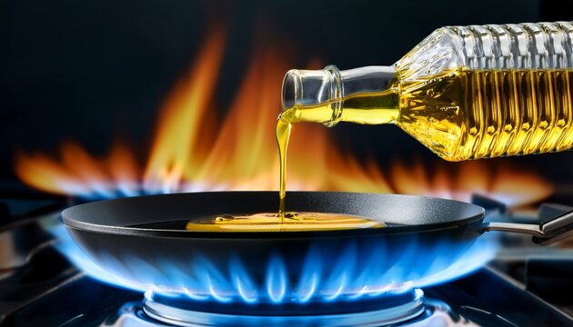 golden liquid vegetable oil streams steadily from a glass bottle into a dark preheated non stick skillet over burning blue gas stove flames pan oil fire