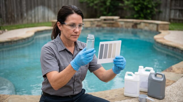 Pool technician treating cloudy water, residential sample check and measured service plan for restoring swimming pool clarity