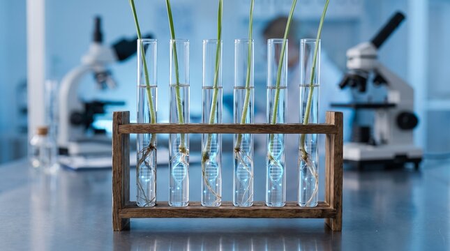 Green plant sprouts growing in glass test tubes for agricultural biotechnology research.