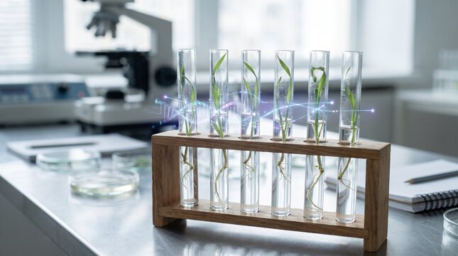 Green plant sprouts in glass test tubes for scientific research in a laboratory setting.
