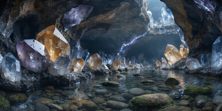  The Cavern of the Luminous Geodes Glowing Amber and Amethyst Crystal Spires Reflected in a Subterranean Pebble Stream Within an Enchanted Grotto