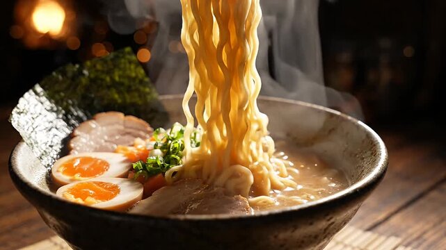 Steaming bowl of Japanese ramen with eggs and pork.