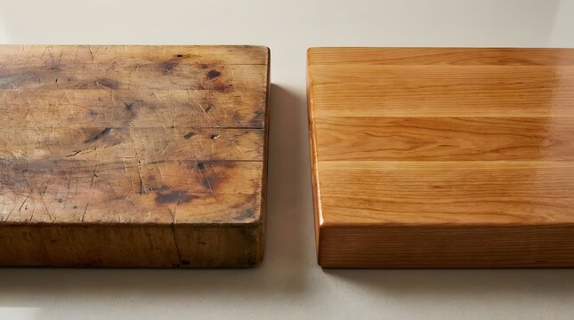 Comparison of a damaged wooden cutting board with deep knife grooves and a restored, sanded, and oiled board