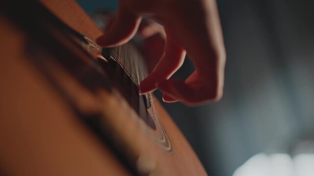 Closeup acoustic guitar fingers plucking strings in warm studio light, beginner student practices fingerstyle technique with patient coach, detailed nylon strings, right hand motion, soft ambient mood