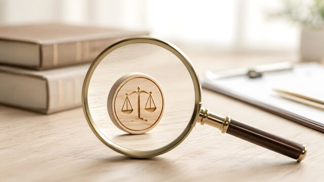 Legal research and compliance audit concept with magnifying glass focusing on wooden justice scale symbol on office desk with law books