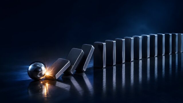 Domino effect and chain reaction concept with metal sphere hitting falling metallic blocks with glowing sparks on dark reflective background
