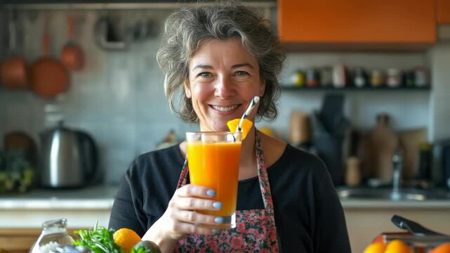 Juicy and fresh orange juice being poured by a smiling chef in a kitchen setting with a variety of kitchenware in the background.
