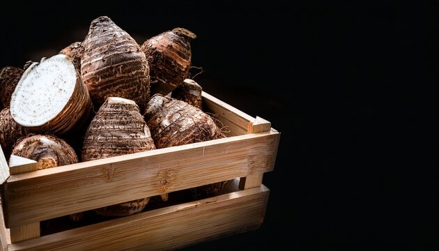 fresh harvested taro roots with brown skin in wooden crate cut organic vegetable showing white starchy interior texture covered with dark soil tropical tuber crop agricultural produce for healthy