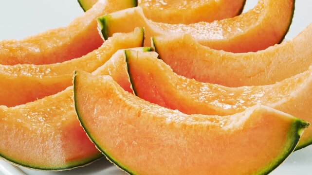 Fresh cut melon slices with vibrant orange flesh and green rind, artfully arranged