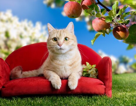 cream cat sitting on a red sofa in a garden with apple tree background