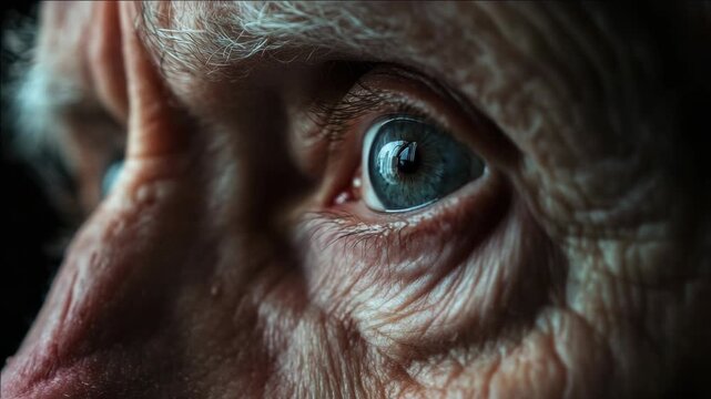 A clear view of an eye, showcasing its texture, lashes, and the iris. The depth of field emphasizes the eye while the background is blurred.