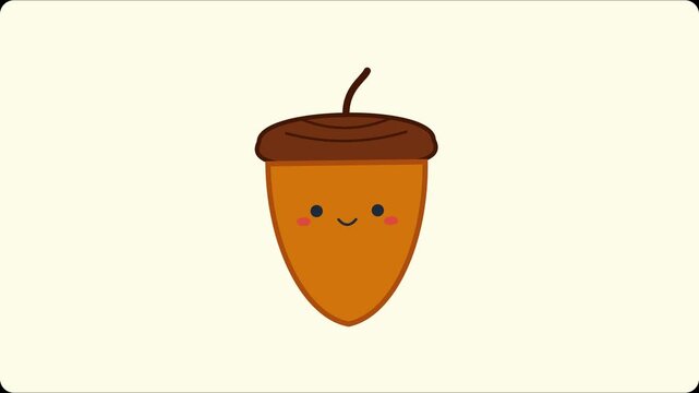 Cute acorn character animation with happy smiling face and minimalist flat style 4k cartoon
