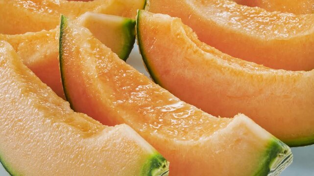 Fresh cantaloupe melon slices displayed on crushed ice with vibrant orange flesh and green rind in 4K detail