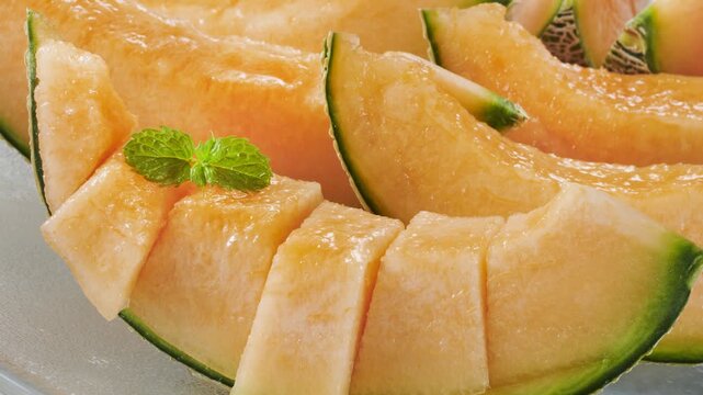 Fresh cantaloupe melon slices displayed on crushed ice with vibrant orange flesh and green rind in 4K detail
