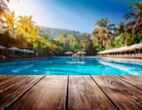 blurred tropical resort poolside with wooden table foreground