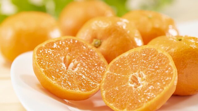 Mandarin oranges cut in half showing the juicy segments, camera zooms in and pans across the fruit