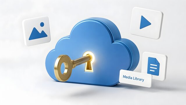 Golden key unlocking a secure 3D blue cloud storage media library with floating digital photo video and document icons on a white background