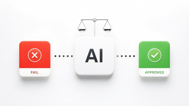 Minimalist 3D concept of AI automated moderation with scales of justice and red fail or green approved buttons for quality control and compliance checking
