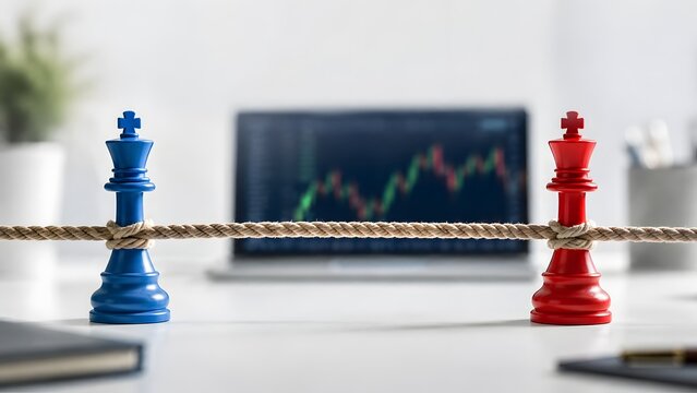 Blue and red chess kings tied with rope on office desk with laptop displaying stock charts representing corporate strategy stalemate and market rivalry