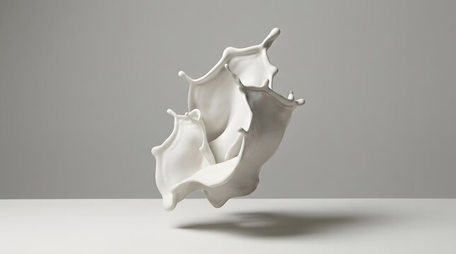 Vibrant white liquid milk splash erupting in midair captured with high shutter speed showing artistic fluid shapes and elegant curves