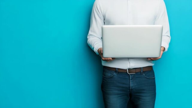 A man wearing a white shirt is holding a laptop computer in his hands against a blue background. The laptop appears to be an Apple MacBook Pro model.