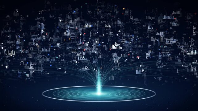 Glowing data platform streaming light particles upward into a cloud of digital documents and charts