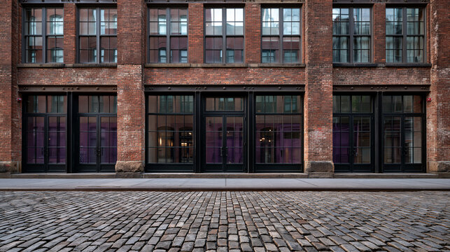 Red Brick Building Facade with Cobblestone Street