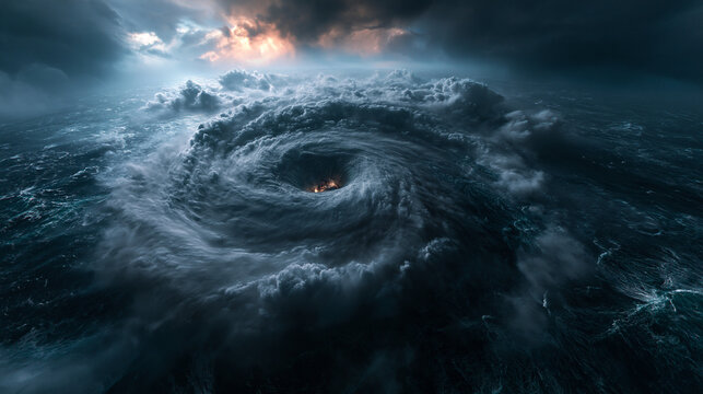 Massive Cyclone Storm Swirling Over Dark Ocean