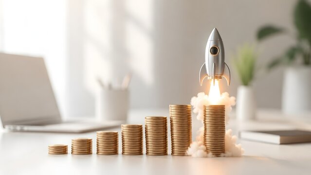 Silver toy rocket blasting off from a high stack of gold coins with smoke effect on an office desk representing rapid business scaling and financial boom