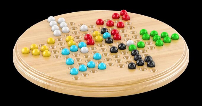 Wooden Chinese checkers board rotation animation seamlessly loopable. 3D rendering isolated on transparent background