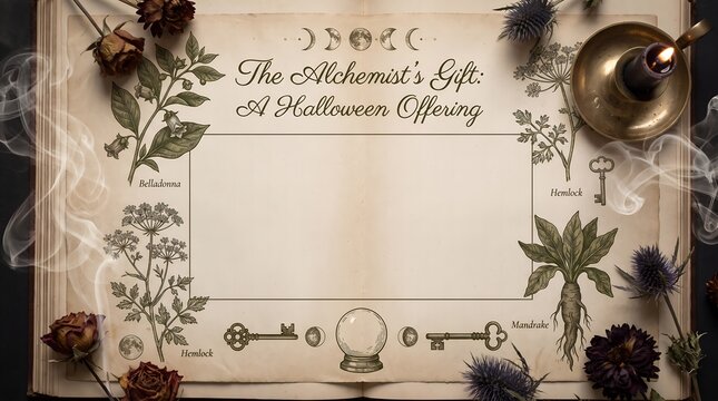 Wiccan Alchemist Gift Template on Open Ancient Book with Botanical Drawings and Candle Smoke