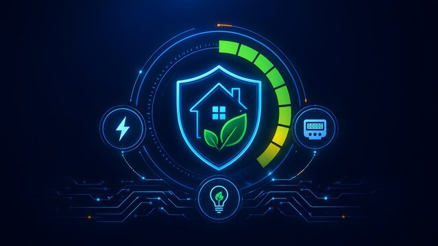 Smart Home Energy Conservation and Protection Concept with Glowing Blue House Inside Shield