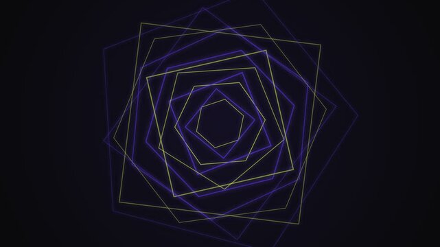 Neon glowing geometric pentagon shapes rotating in a seamless abstract tunnel motion loop