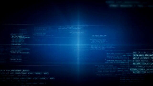 Blue programming code background looping with flowing text lines and bright central light flare