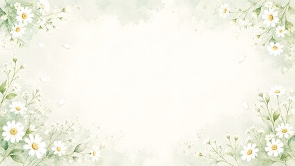 Watercolor floral frame with white daisy flowers and green leaves on a soft pastel background
