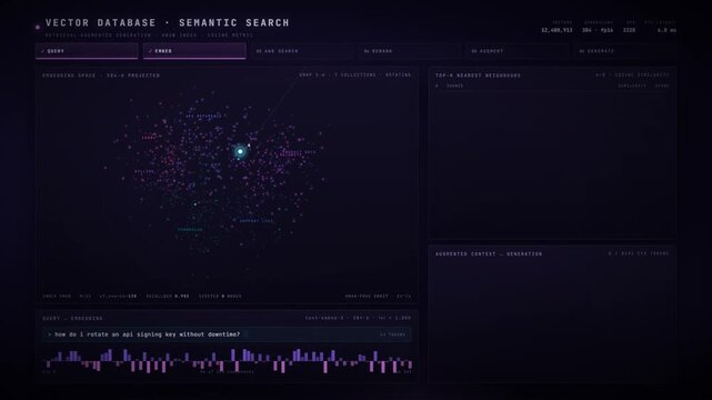 Vector database semantic search interface with embedding point cloud and ranked query results