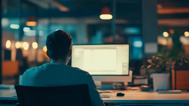 Man sits alone at desk, focused on computer screen. Soft lights glow around him, dimly illuminating the room. Office space appears quiet, suggesting late hours or solitude. He leans slightly forward