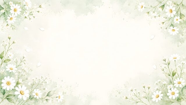 Watercolor floral frame with white daisy flowers and green leaves on a soft pastel background