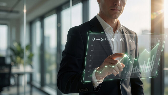 Un homme en costume &eacute;l&eacute;gant interagit du bout du doigt avec un &eacute;cran holographique transparent dans un bureau moderne. L'interface affiche des graphiques financiers verdoyants, des histogrammes et des